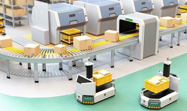 An advanced robotic technology automated conveyor belt system with boxes.