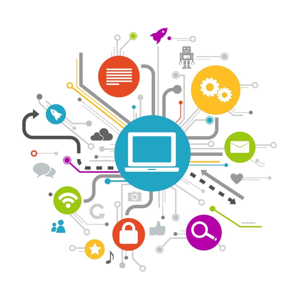 A computer utilizing artificial intelligence with various icons for data analysis.